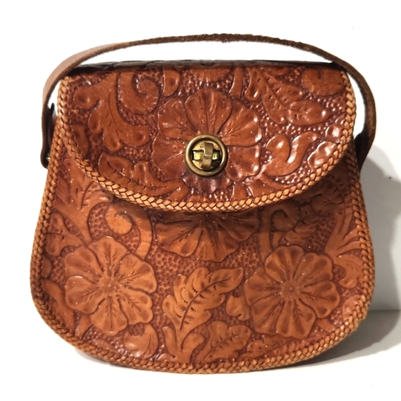 Vintage 50's Artisan Beautiful Hand Tooled Leather Handbag Purse - Picture 13 of 13